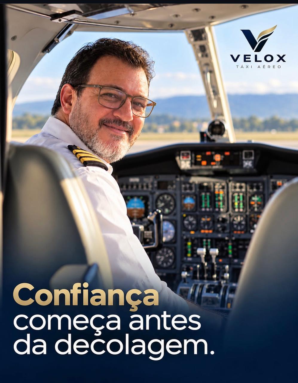 Cmte. Tadeu Pessoa na cabine — Velox Táxi Aéreo: Confiança começa antes da decolagem.